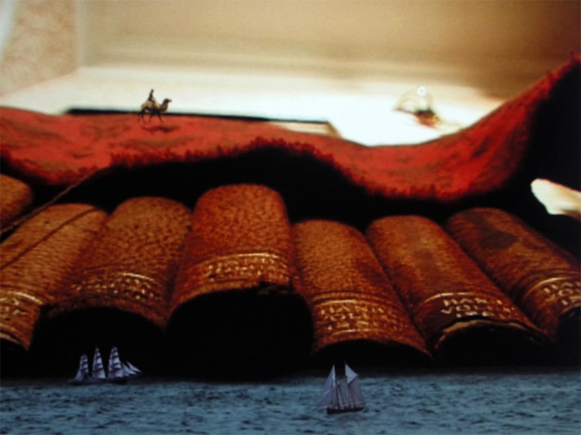 book spines acting as a desert landscape with a camel walking across it