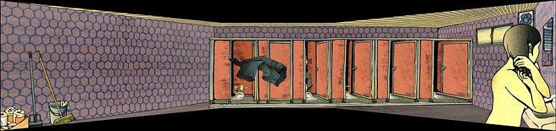 projection of an animation of a public bathroom