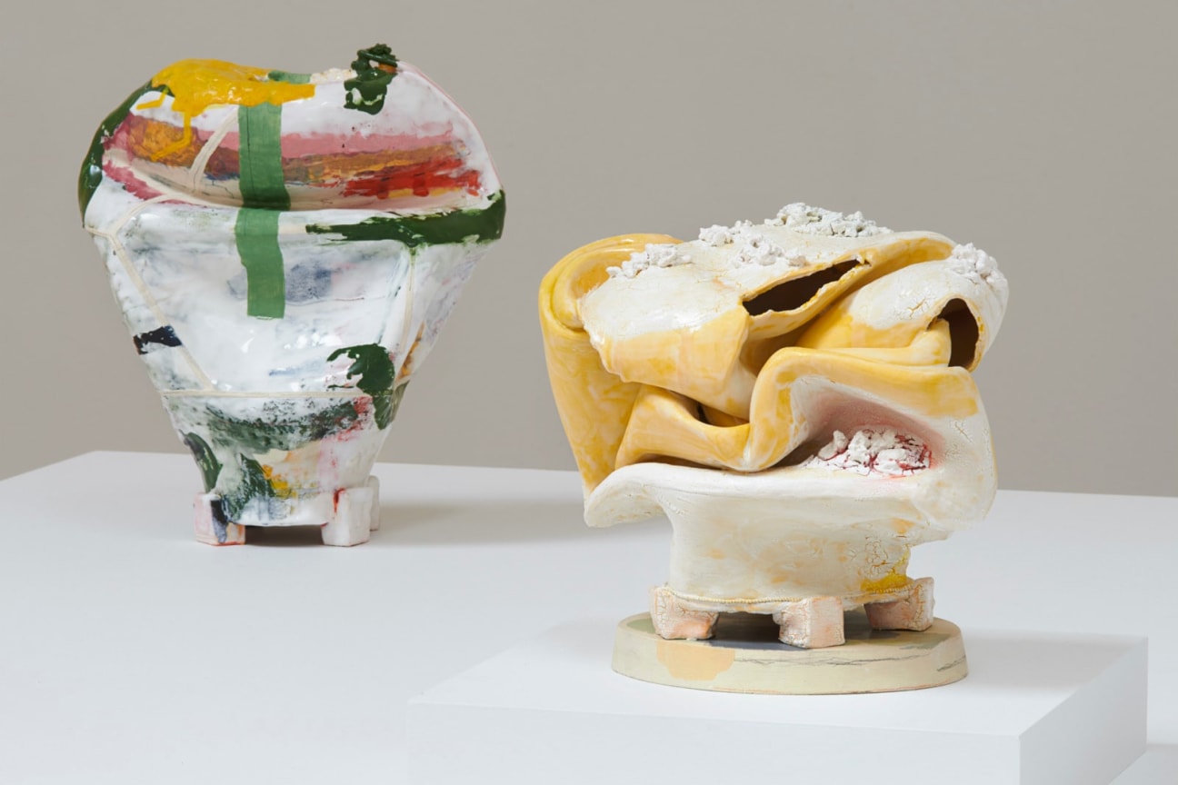 Installation view of two sculptures