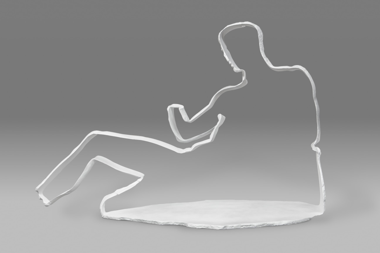 A silhouette of a seated male figure, the Dionysus from the East Pediment of the Parthenon, made out of bronze