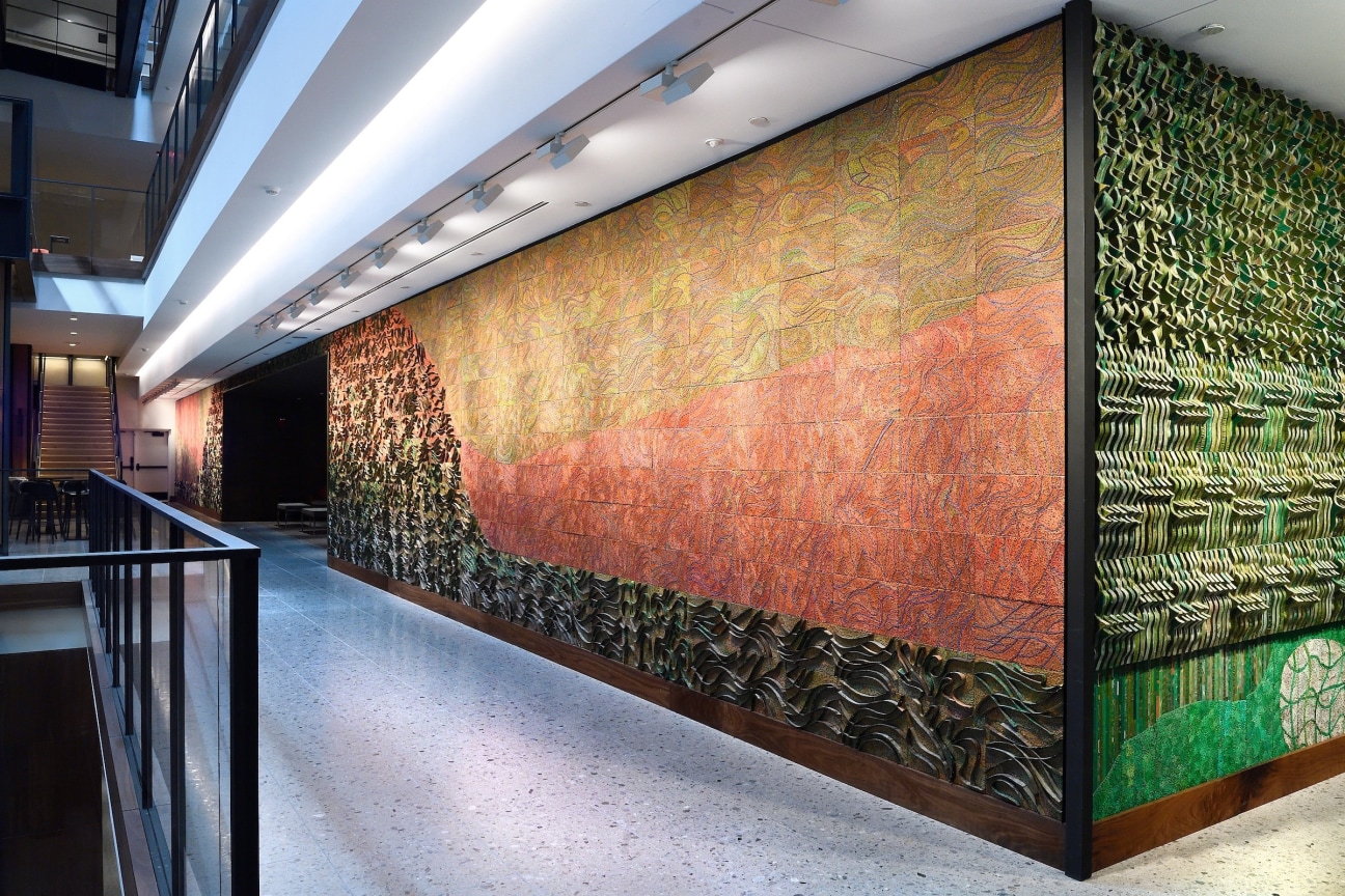 Installation view, Elias Sime, Roots, John Hopkins University, Washington D.C., 2023. © 2023 Johns Hopkins University. Courtesy the artist and John Hopkins University. Photo by Will Kirk/Johns Hopkins University