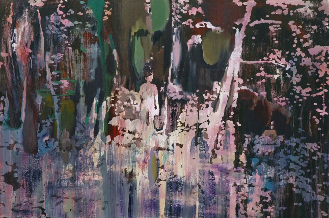 silhouettes of a figure and a forest mixed with a multicolor background