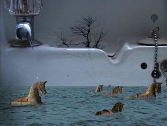 wooden horses swimming in water contained by sink