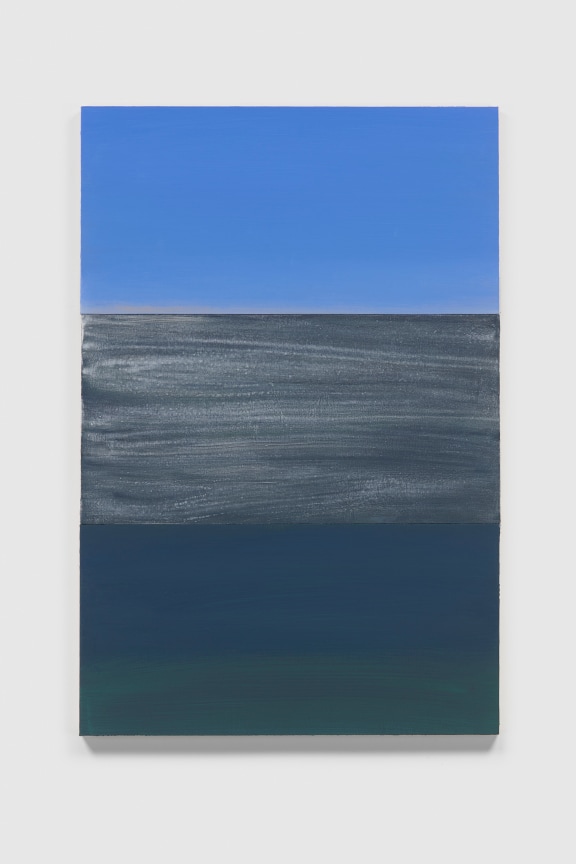 A three sectioned painting depicting the sky, the ocean in thin black oil paint and an abstract pattern in dark blue and dark green