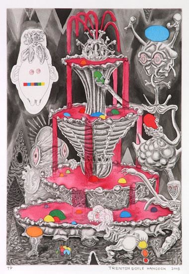 many strange anthropomorphic creatures and abstract components in one artwork