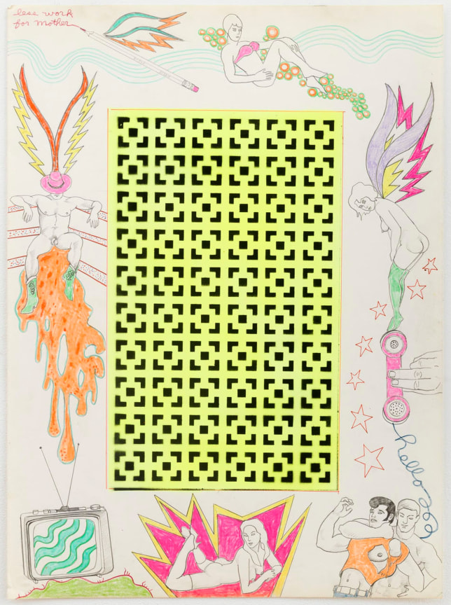 neon grid in the center surrounded by figures