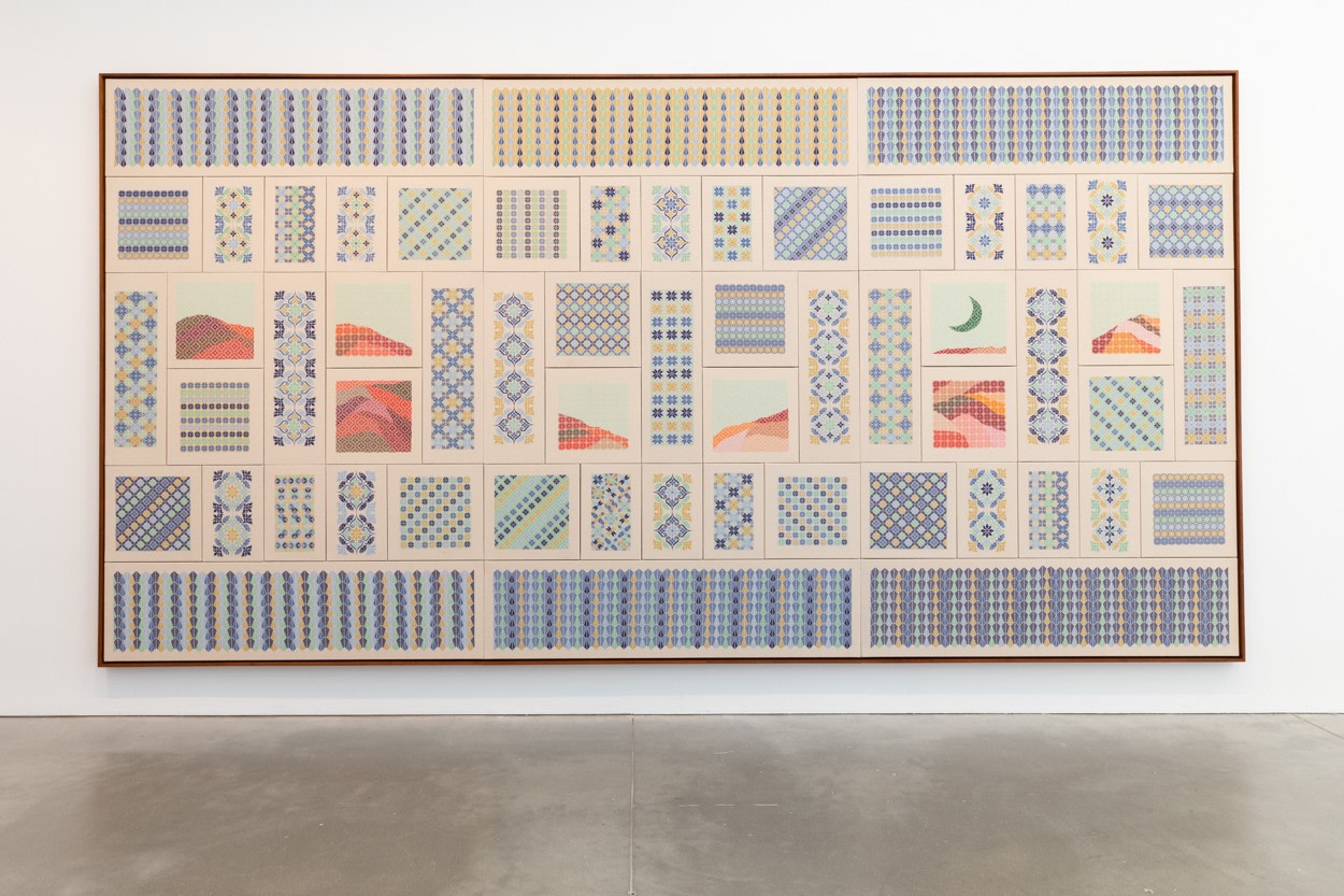 large blue and green hand embroidered work by Jordan Nassar