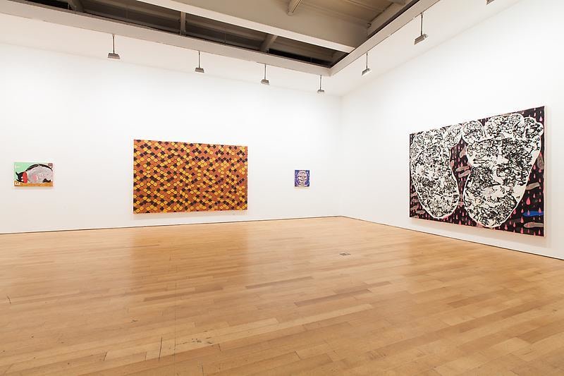 installation view of four artworks