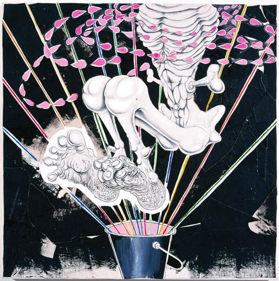 horrendously boney and skinny body suspended over a bucket