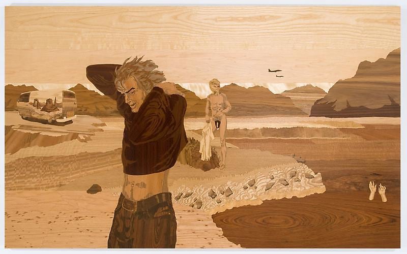 a man removing his cothes while another is fully naked; to the side we see a air of hands rising from a body of liquid