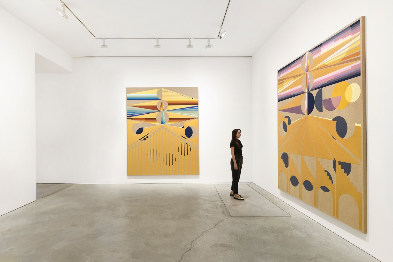 person observing one of two large paintings