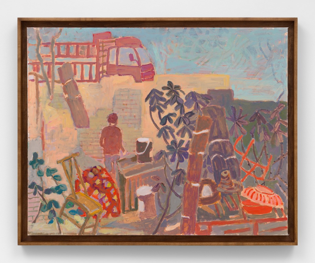 A red truck waits outside of a rural backyard strewn with plants and furniture