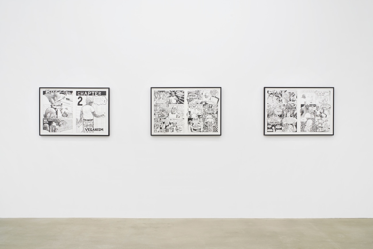 a row of black and white artworks