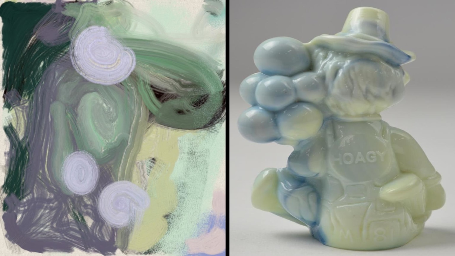 blurred painting of a girl's face next to a humanoid statuette