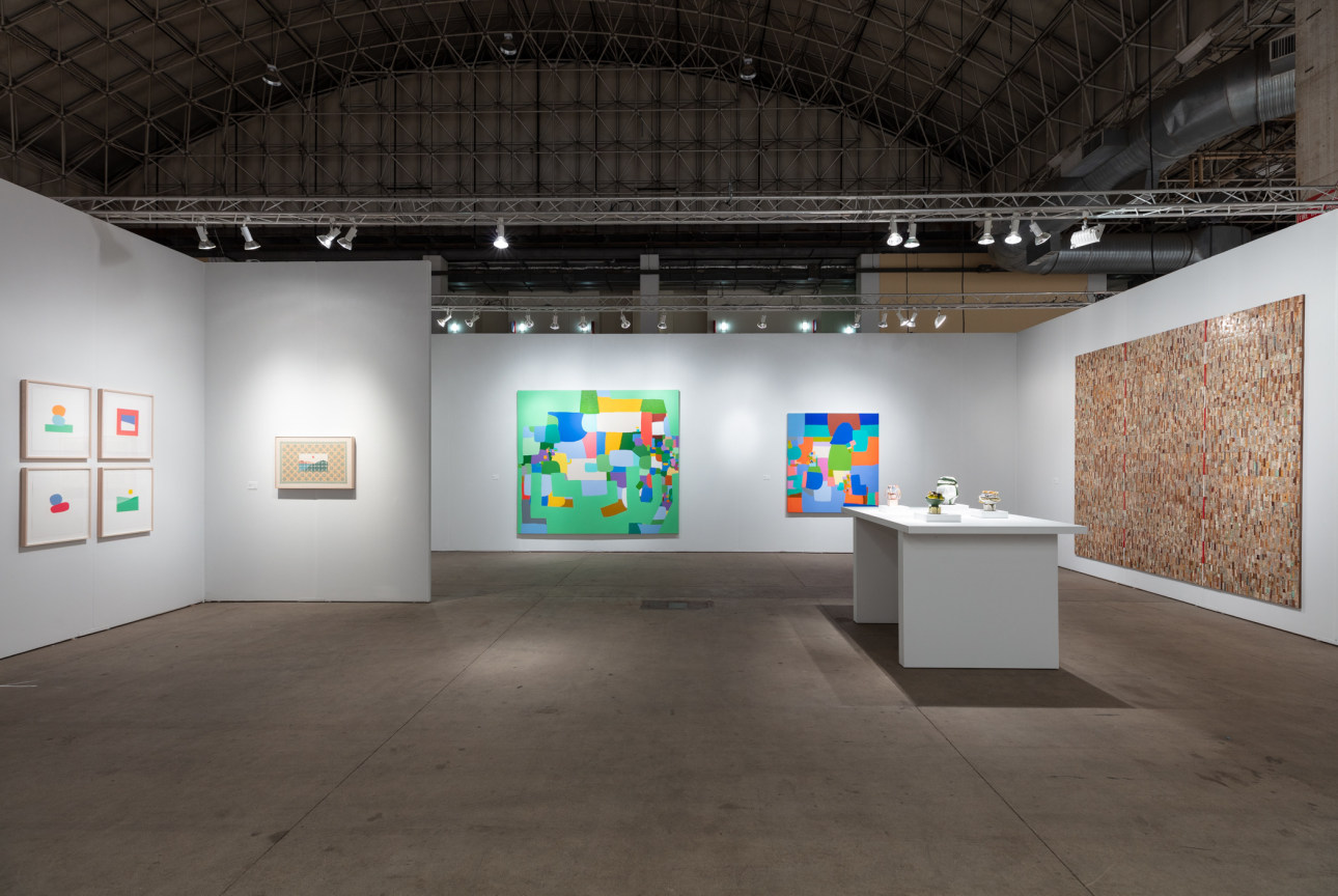 James Cohan's booth at EXPO Chicago featuring work by Kathy Butterly, Federico Herrero, Jordan Nassar, and Elias Sime