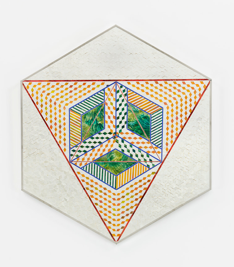 Mirror, reverse-glass painting, and plaster on wood