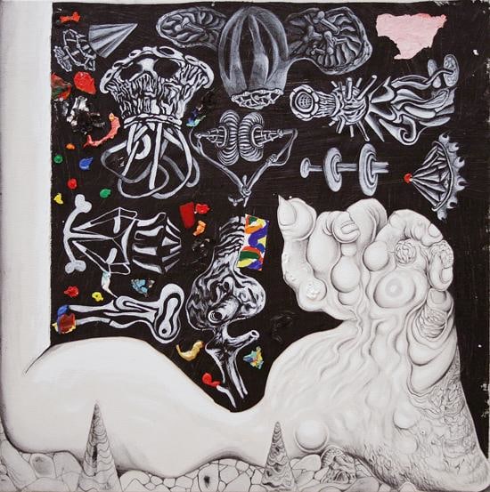 many strange anthropomorphic creatures and abstract components in one artwork