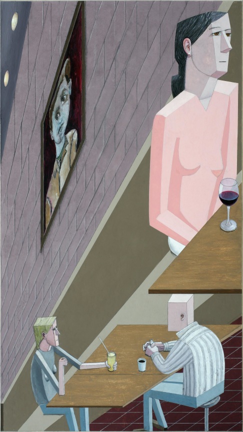 People enjoy their drinks at a bricked restaurant painted in distorting perspective