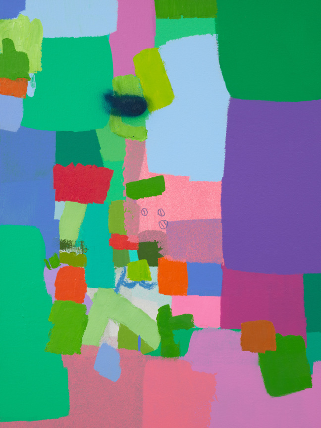 close up of Federico Herrero's &quot;Acorde&oacute;n de luz&quot; focusing on smooth, painted shapesof varying colors