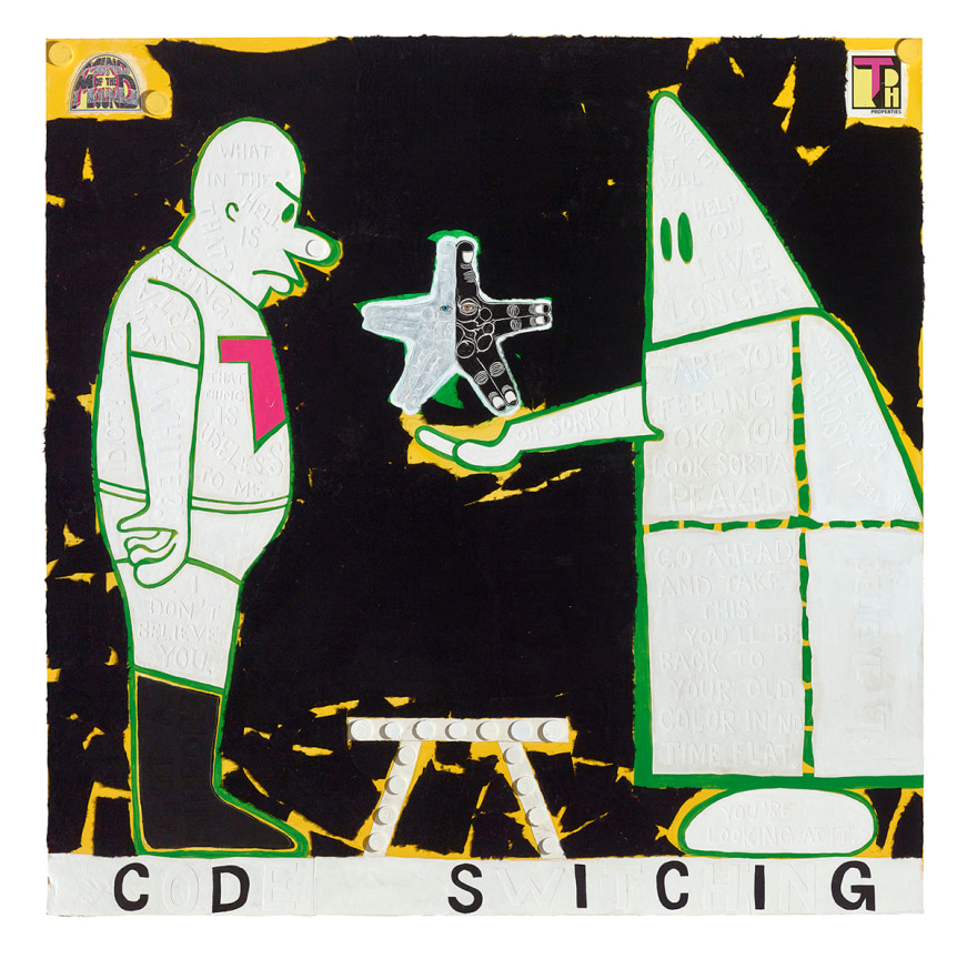 Acrylic, graphite, plastic tops, and paper collage on canvas featuring Torpedo Boy and KKK member