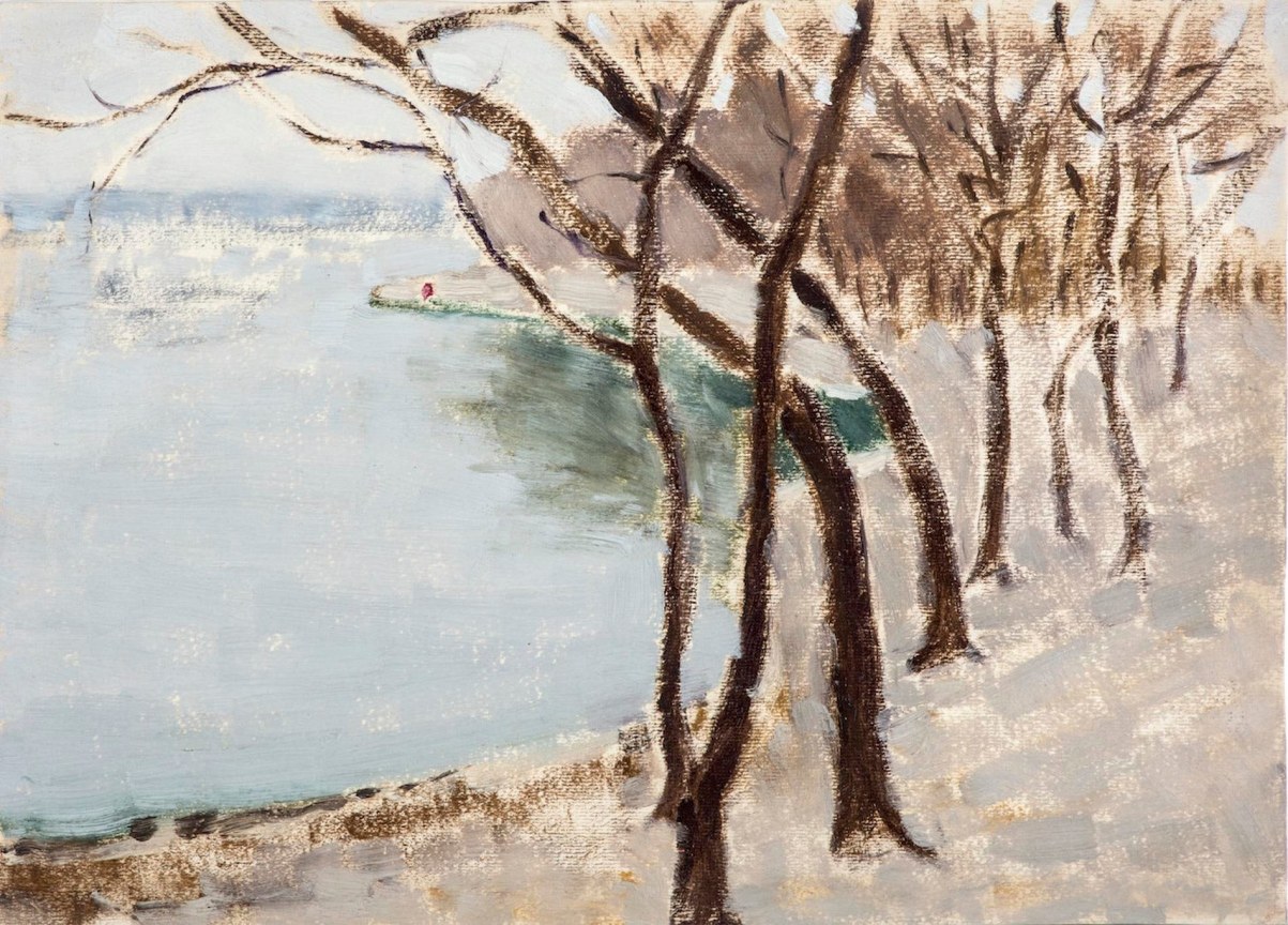 snowy landscape next to a shining lake