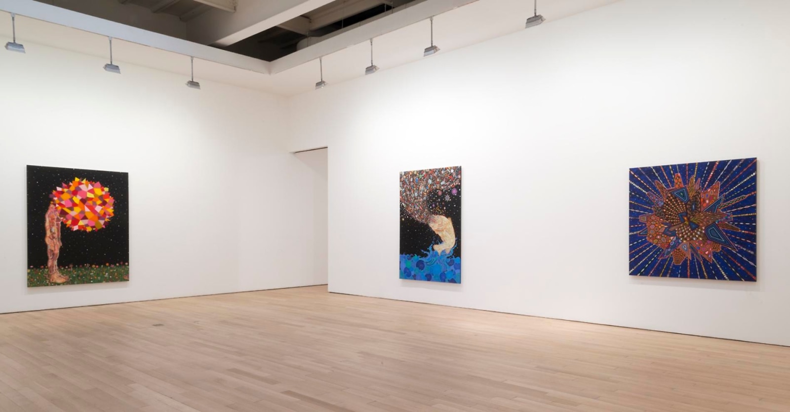 Installation view of three artworks