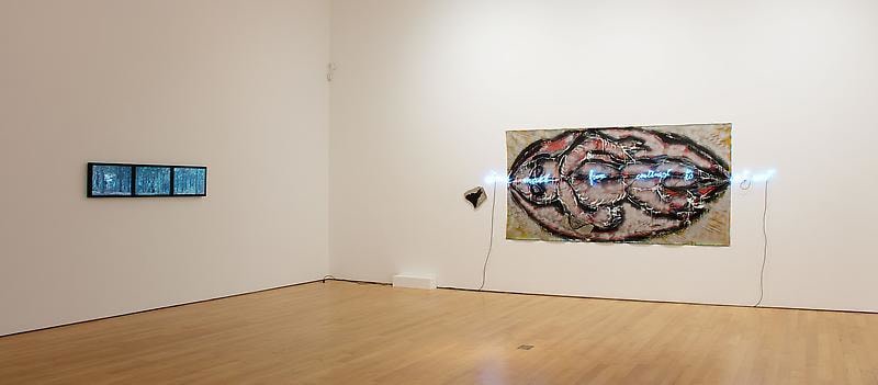 Installation view of several artworks