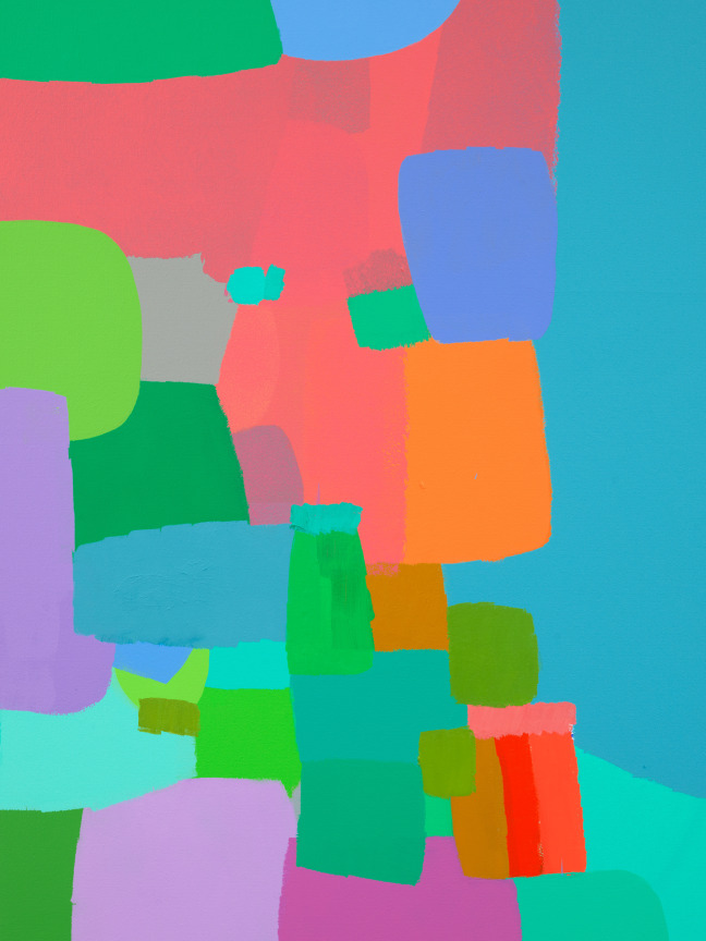 Close up of Federio Herrero's &quot;Laguna Mental&quot; focusing on smooth painted shapes of different bright colors