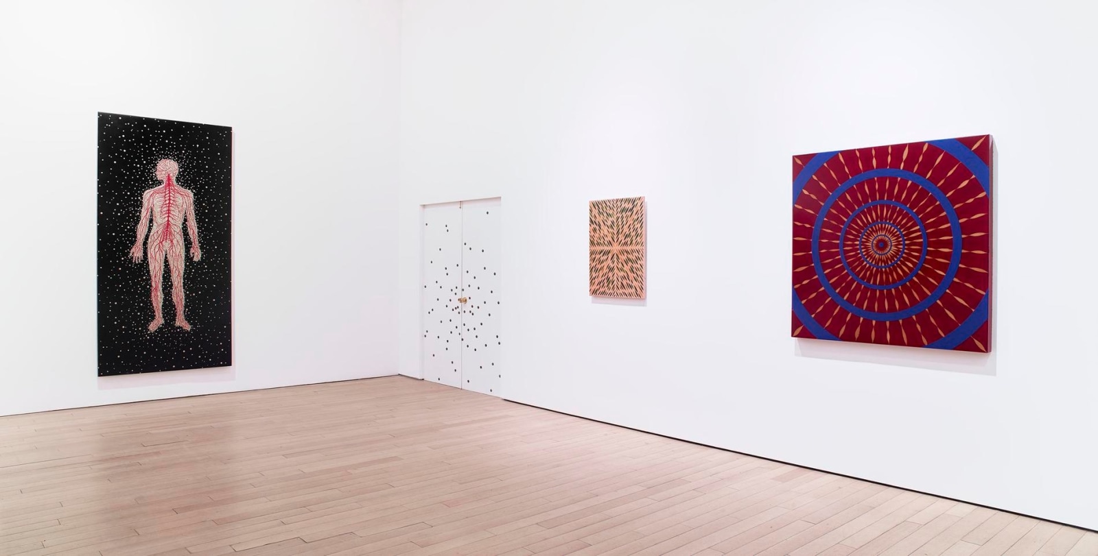 installation view of several artworks