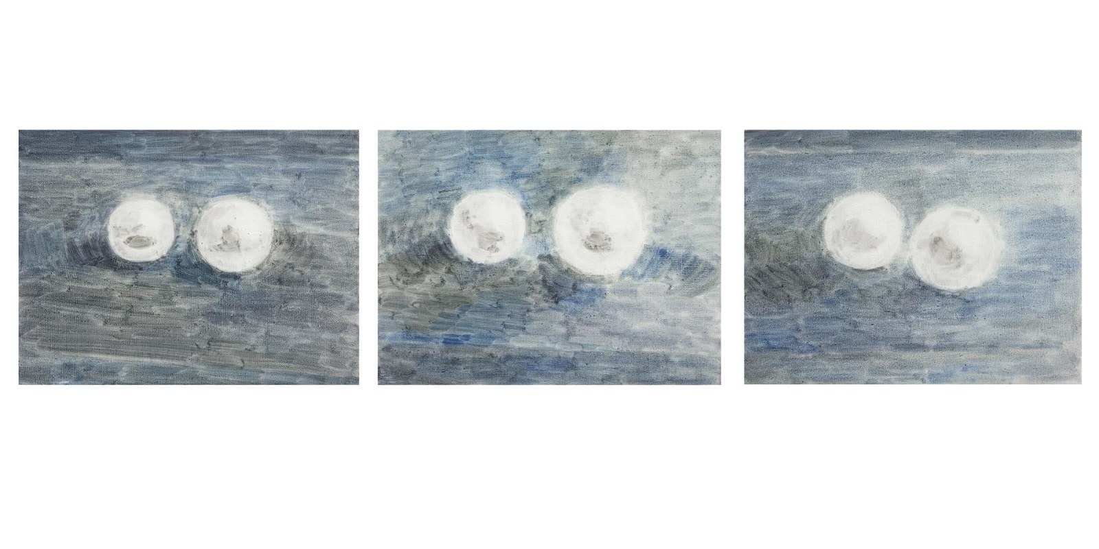 three paintings of two white, beads each against a blueish backdrop