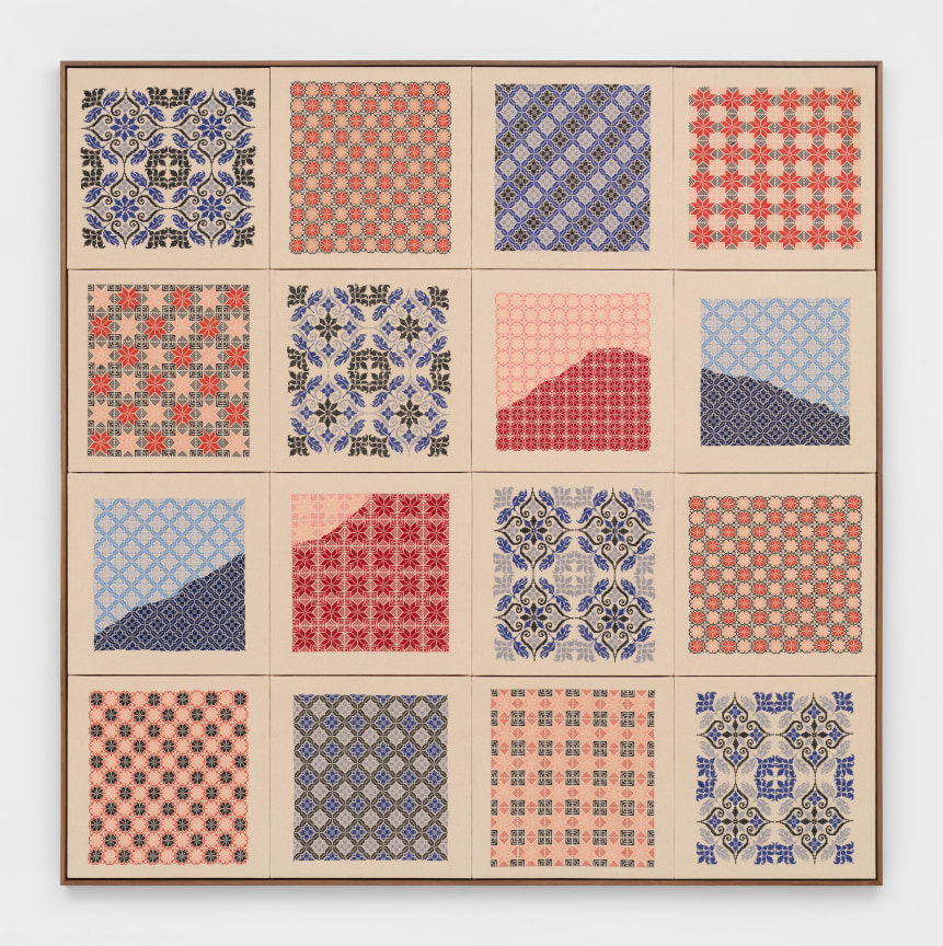 Image of a hand-embroidered cotton on cotton artwork called &quot;A Mountain Looms,&quot; 2023, by Jordan Nassar.