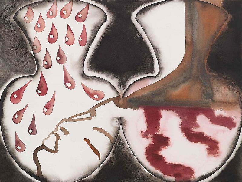 silhouettes of vases, one with blood falling on someone's face while the other has a foot stepping in blood