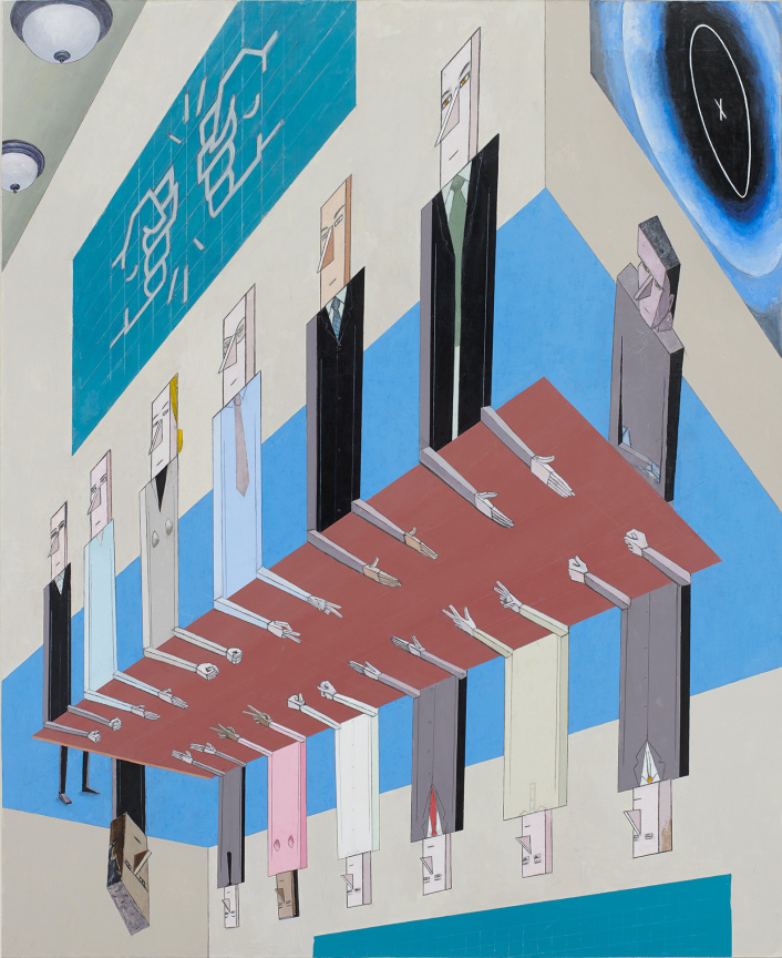 Fourteen businessmen and women playing rock paper scissors under conference table