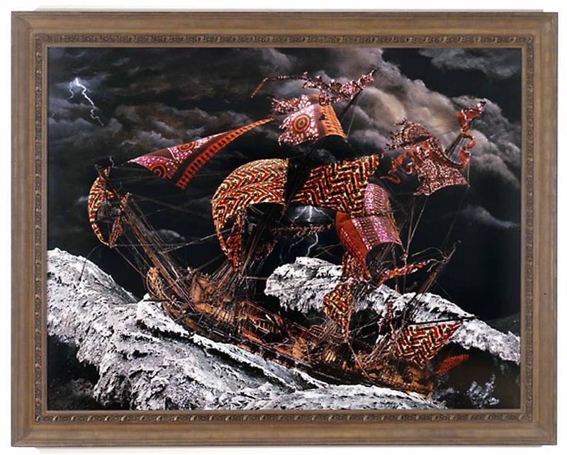 image of a ship with tattered sails riding violent waves