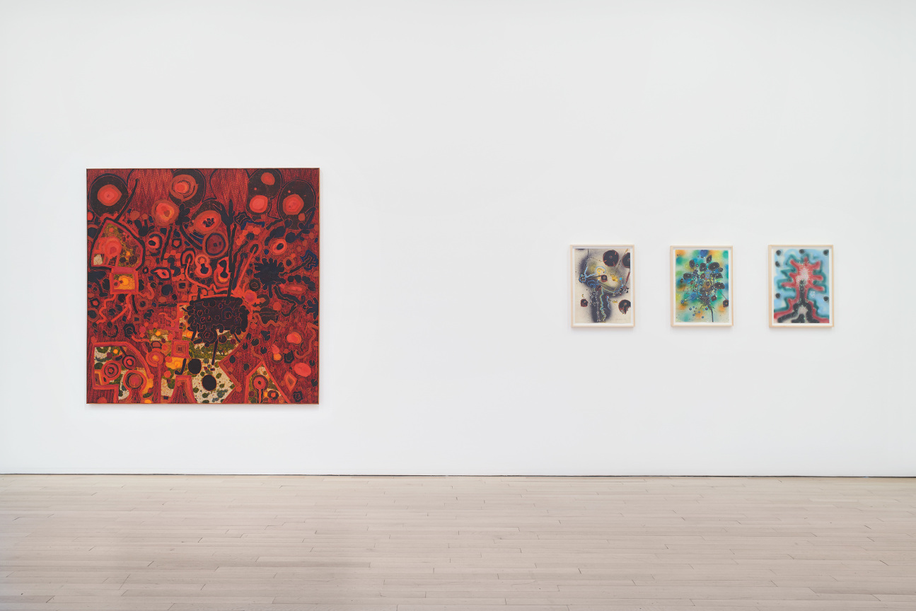 installation view of four artworks