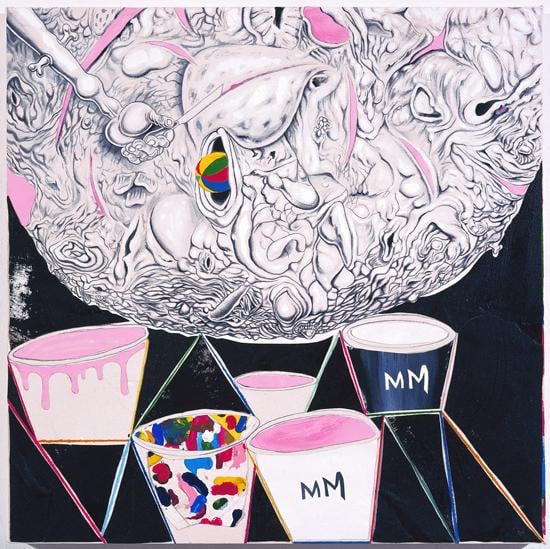 painting of strange, flesh-like ball hanging over a series of buckets with mystery contents