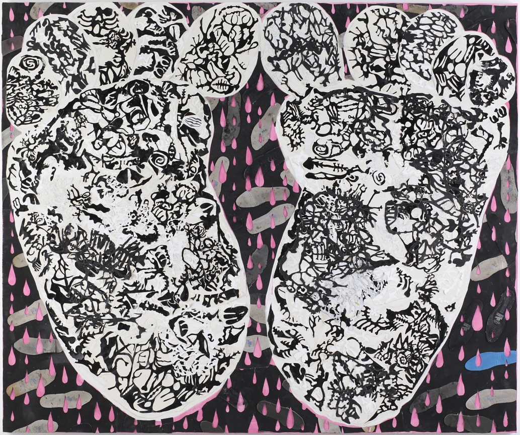 Acrylic and mixed media on canvas depicting the soles of cartoonish feet