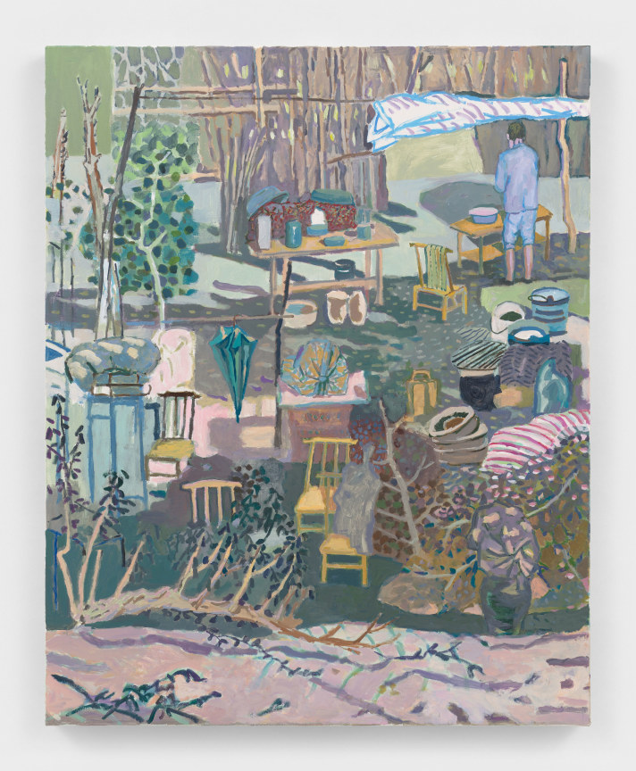 Objects strewn about a front yard done in acrylic on canvas