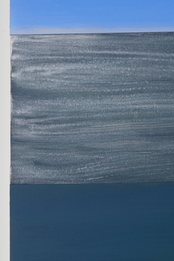 A three sectioned painting depicting the sky, the ocean in thin black oil paint and an abstract pattern in dark blue and dark green