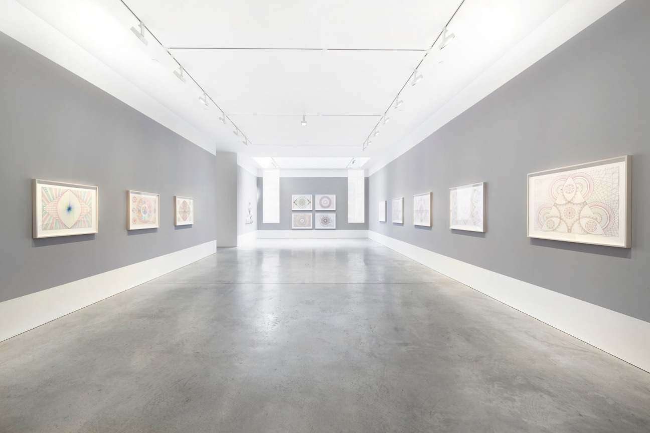 long gallery with several abstract drawings
