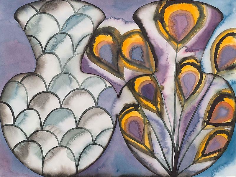 silhouettes of vases, one with scales and the other with peacock feathers