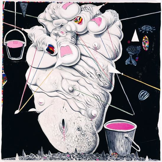 flesh-like object next to bucket with pink contents