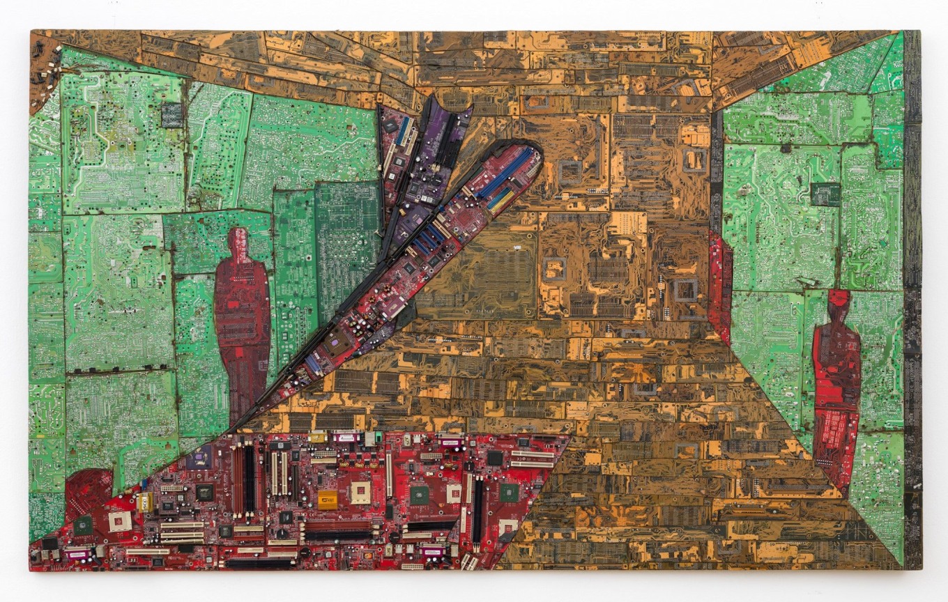 two red human silhouettes placed on opposite sides of a panel on green surfaces with a light orange space in between