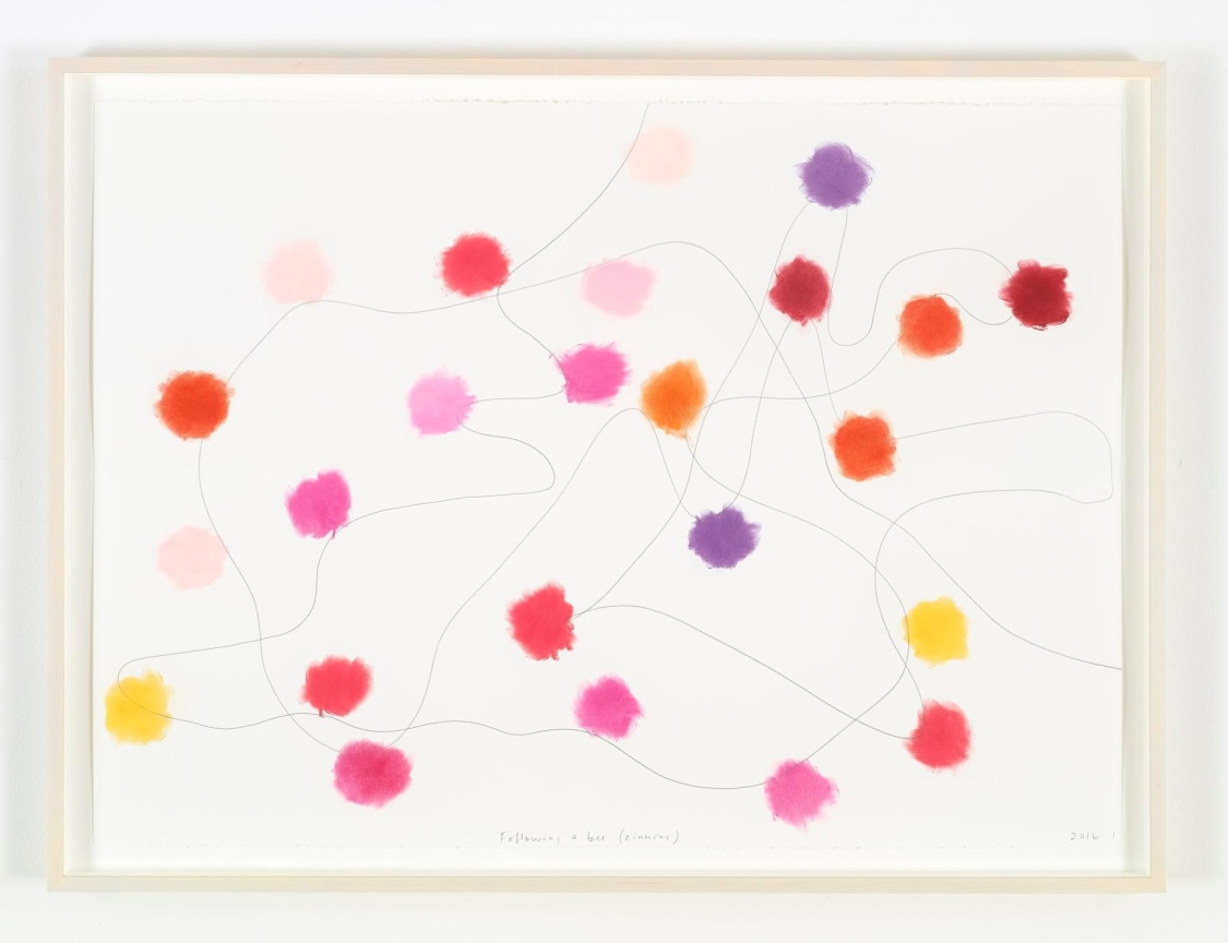 Pastel-colored dots and a swirl drawn with pencil on paper