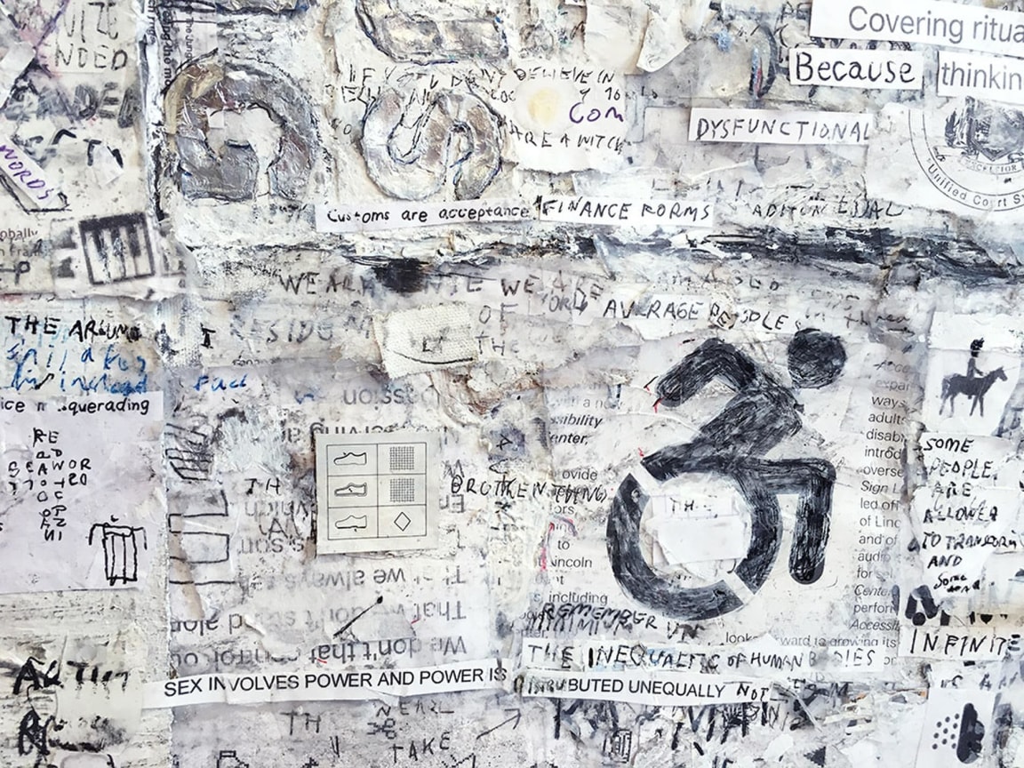 Detail image of a collaged, multimedia depiction of a glove by SIMON EVANS&trade;.