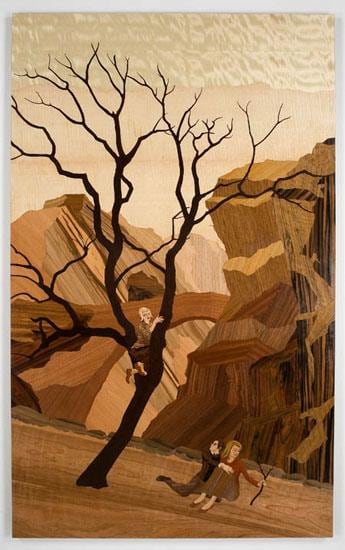 a child climbing a dead tree while her father watches and the mother looks away