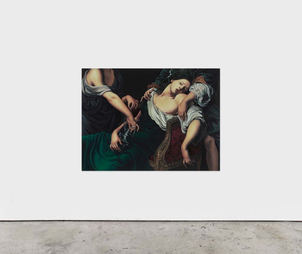 painting of a slouched over androgynous figure being held up by unidentifiable fingers in a dark room