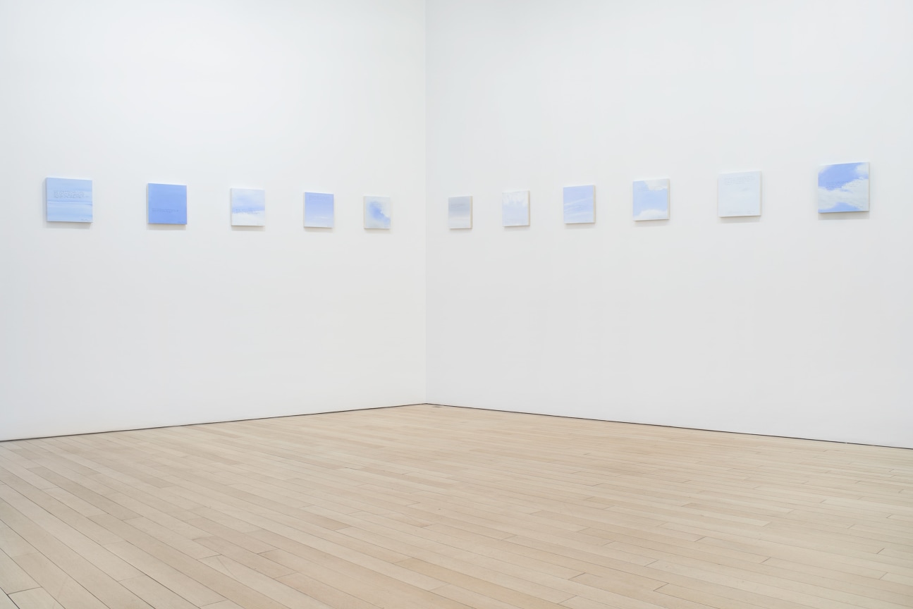 installation view of several square canvases in a row