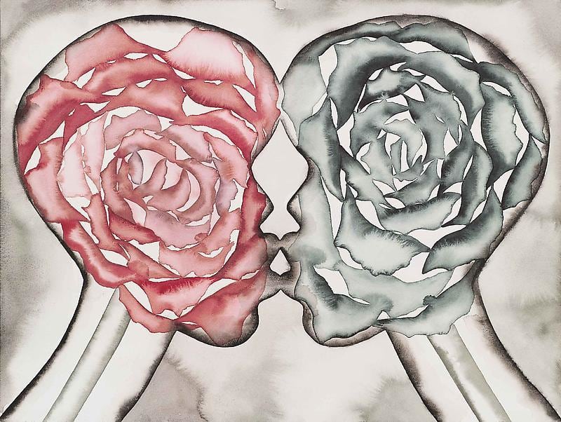 two silhouettes of people kissing with flowers filling up each face