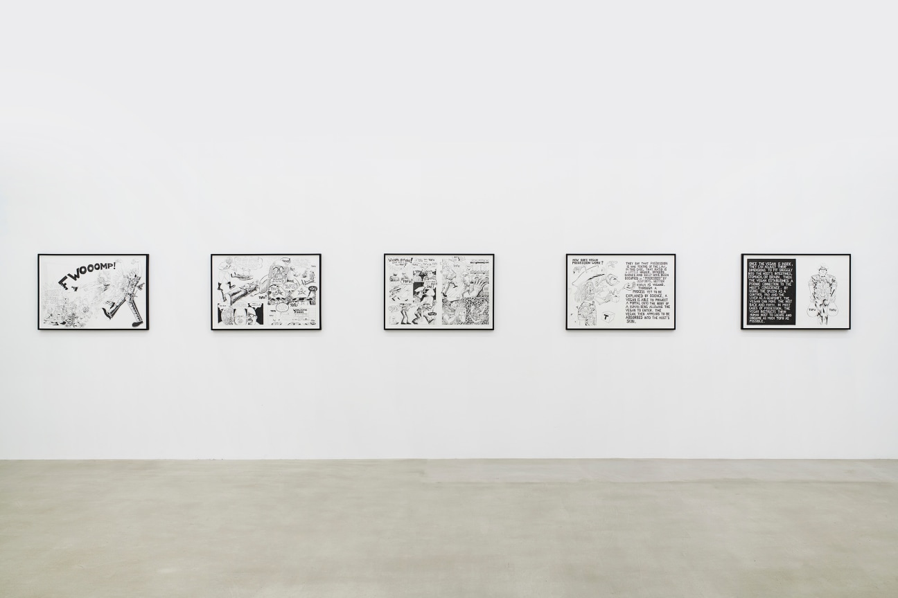 a row of black and white artworks